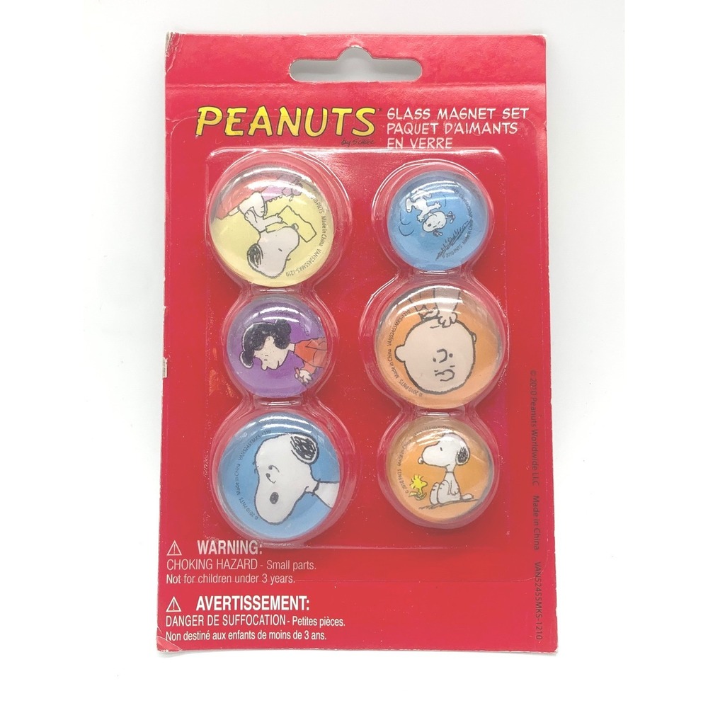 Peanuts Glass Magnet Set Snoopy Charlie Brown Lucy Woodstock 6 Piece 2010 New